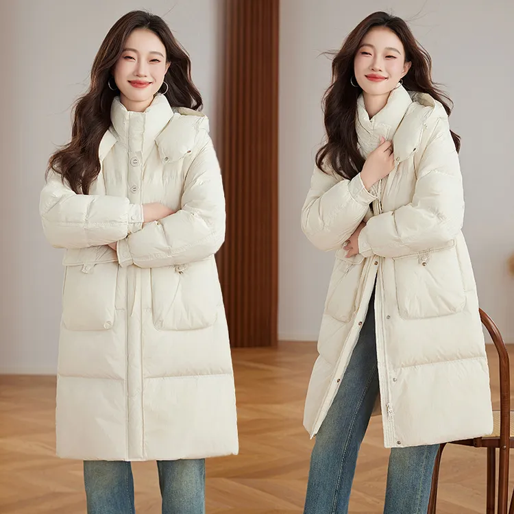 冬季宽松保暖松软轻厚款女士纯色中长款连帽