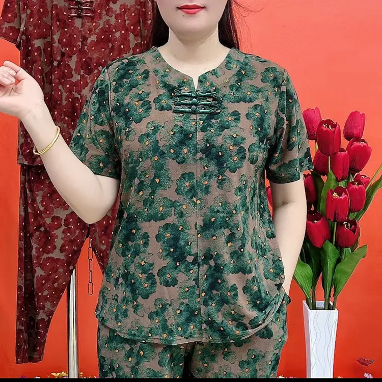 减龄复古妈妈装冰丝短袖宽松上衣裤子套装