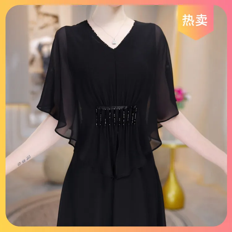 新款夏季连衣裙女中长款黑色遮肚子裙子减龄妈妈装2025假两件洋气