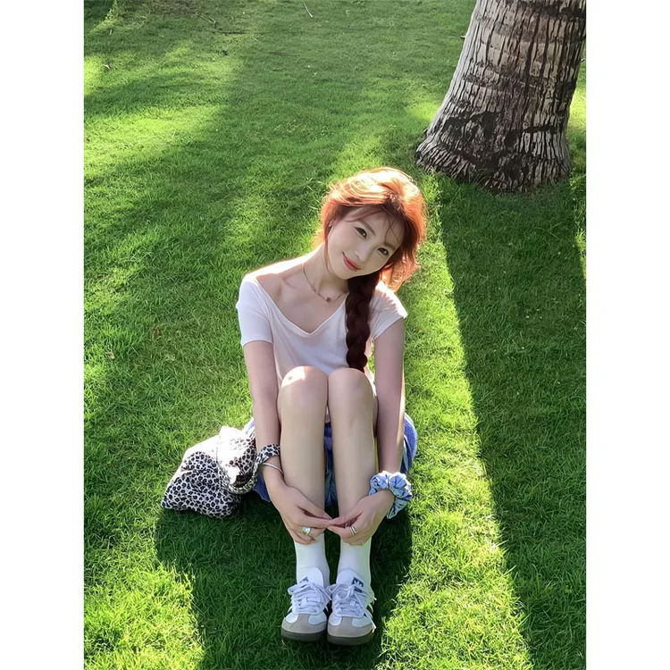 夏季纯欲斜肩短袖T恤性感露肩绝美上衣蓝格纹格子蛋糕裙裤半身裙