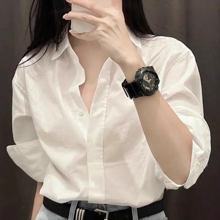 纯棉白色衬衫女设计感小众长袖白衬衣叠穿显瘦休闲时尚通勤打底衫商品图