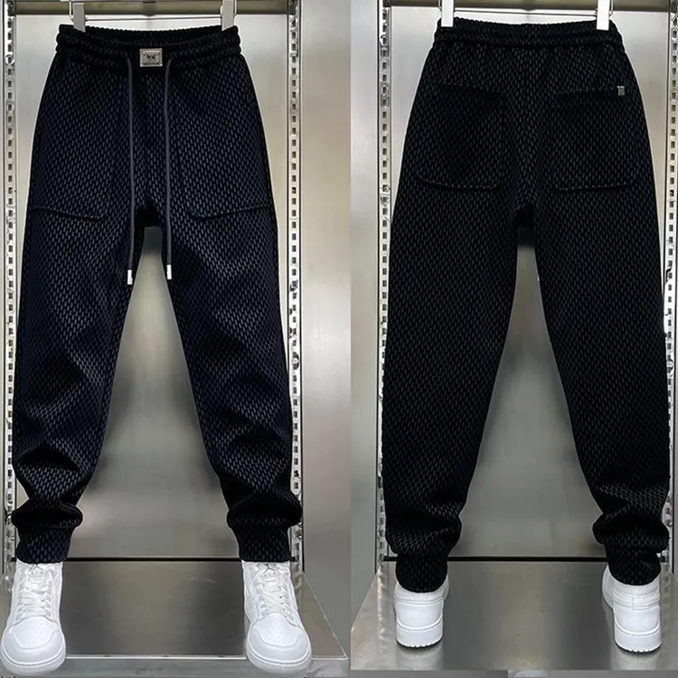 植绒休闲裤潮钢印拼接束脚休闲裤秋冬轻奢长裤夏季百搭宽松