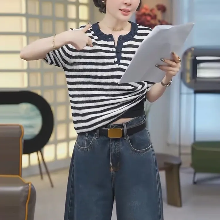 韩系洋气撞色短袖针织衫女夏季新款小众百搭设计感宽松显瘦上衣潮