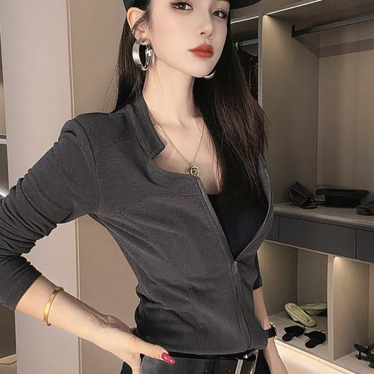 欧货时尚立领双拉链双面绒长袖T恤女通勤修身显瘦气质上衣516