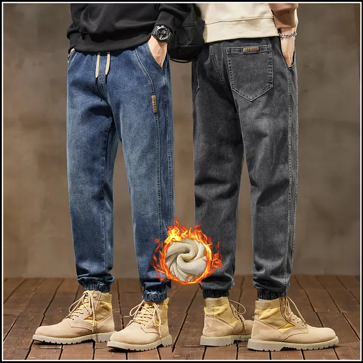 加绒牛仔裤男士秋冬季2025新款宽松束脚哈伦工装裤加厚保暖裤男装