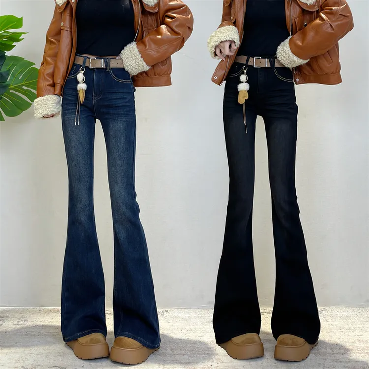 迪否高腰微喇牛仔裤冬季新款修身显瘦气质高弹力牛仔裤6385