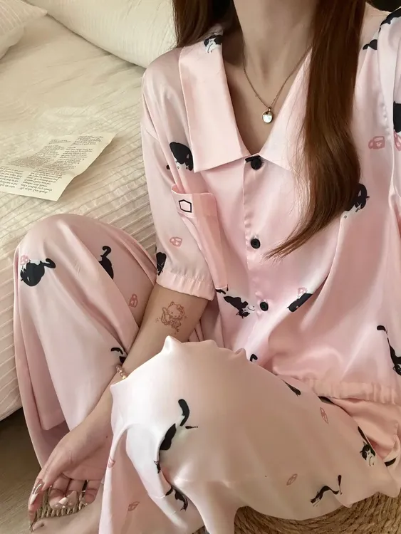 【黑粉小猫】甜美少女卡通冰丝短袖睡衣女夏季新款长裤套装家居服女
