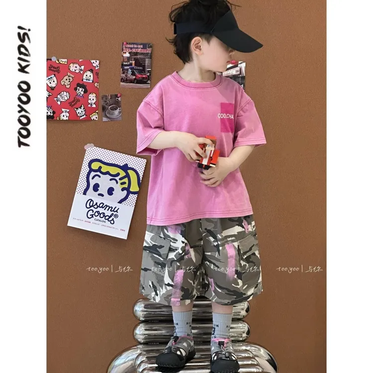 男童套装夏季2025儿童新款夏装洋气印花短袖洋气迷彩短裤两件套潮