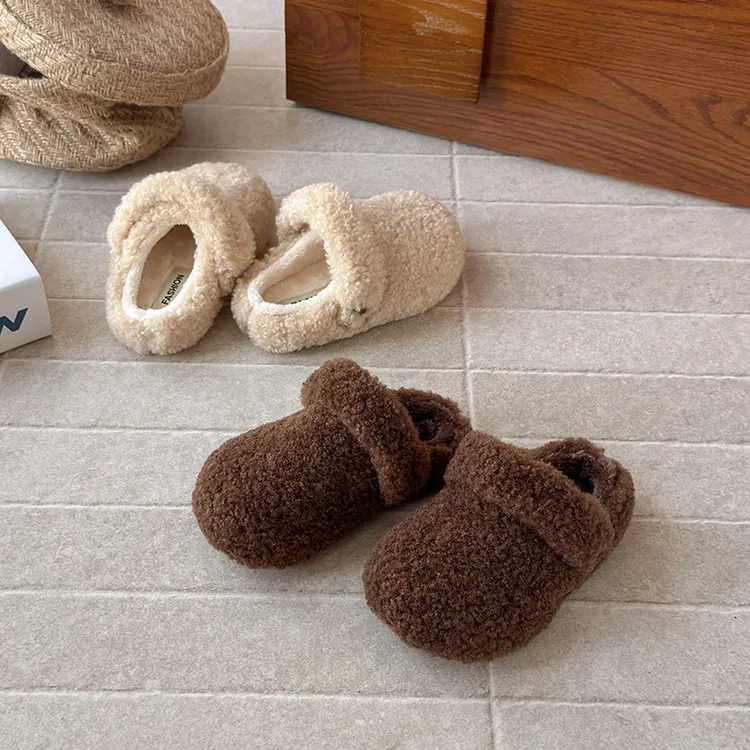 女童勃肯拖2025冬季新款加绒外穿儿童毛毛拖鞋防滑加厚包头棉拖鞋