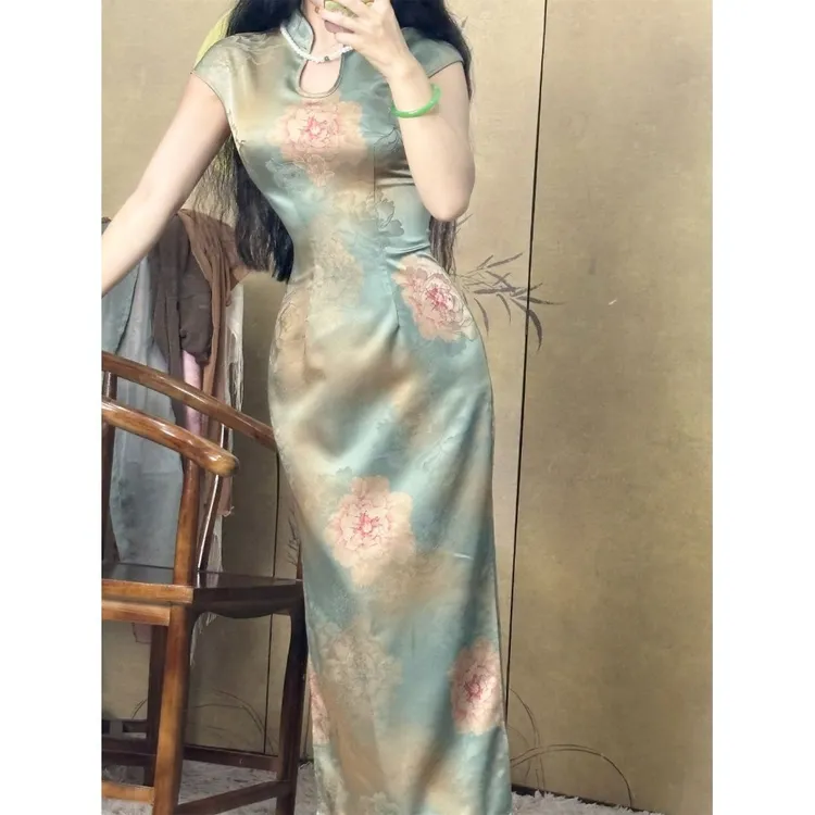 原创自制新中式国风高级提花缎面水滴立领修身收腰连衣裙 清妃笑 