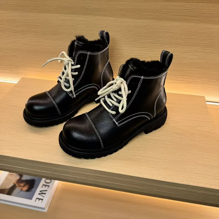 系带拼色圆头时尚英伦风复古休闲百搭女皮鞋东8