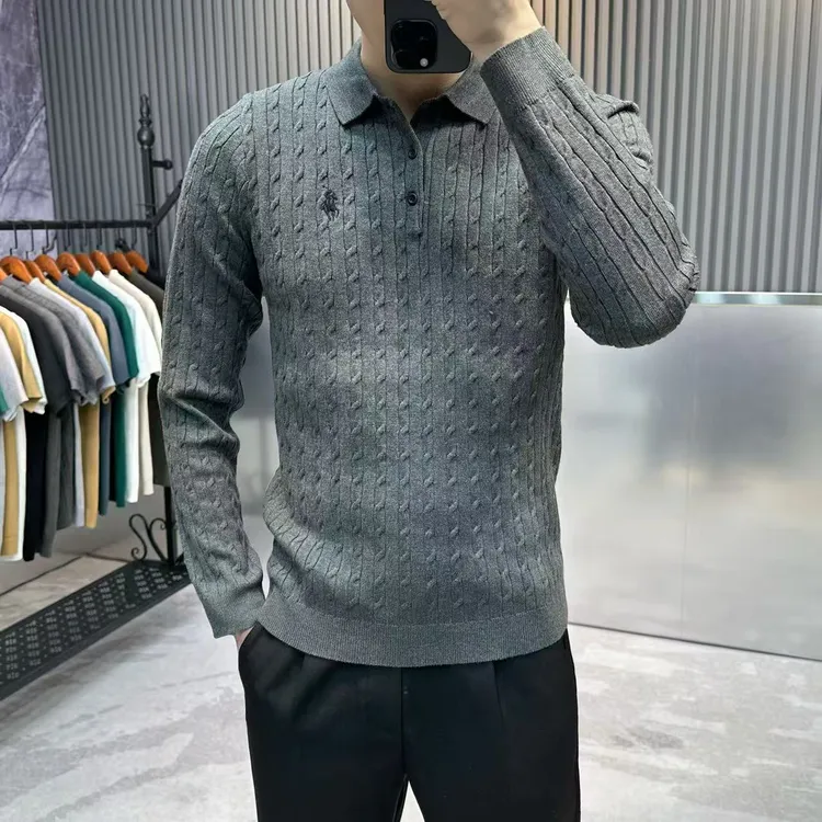 刺绣高端翻领毛衣男款潮牌痞帅针织衫男士秋冬季长袖带领打底衫
