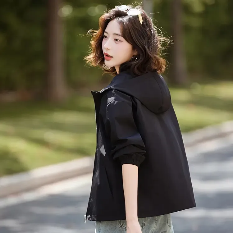 春秋款小个子大码女装风衣宽松百搭休闲洋气女士连帽夹克短外套女