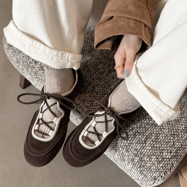 手工制作松弛感圆头单鞋休闲厚款加绒浅口防滑ins风秋冬芭蕾舞鞋