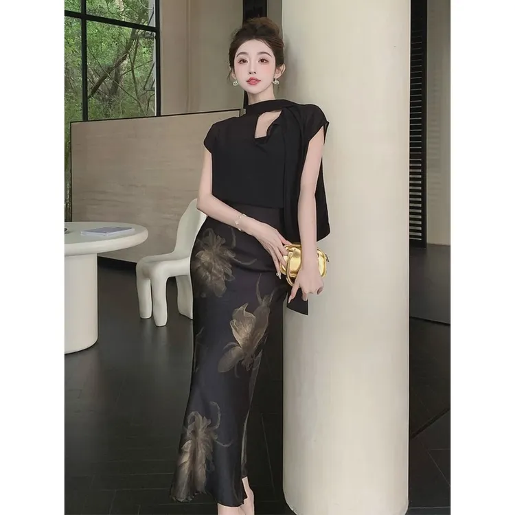 黑色薄纱无袖雪纺衬衫女夏款复古水墨印花半身裙时尚气质两件套装