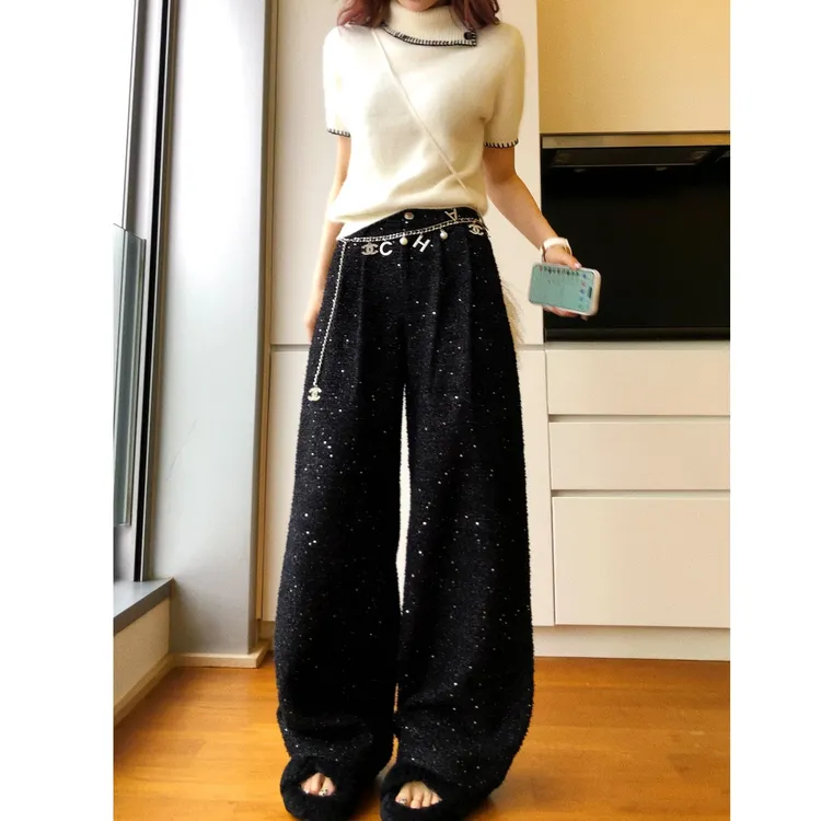 婉君【小香亮片裤】重磅“180g银狐绒”小香风阔腿休闲裤LWJ25D4K4324