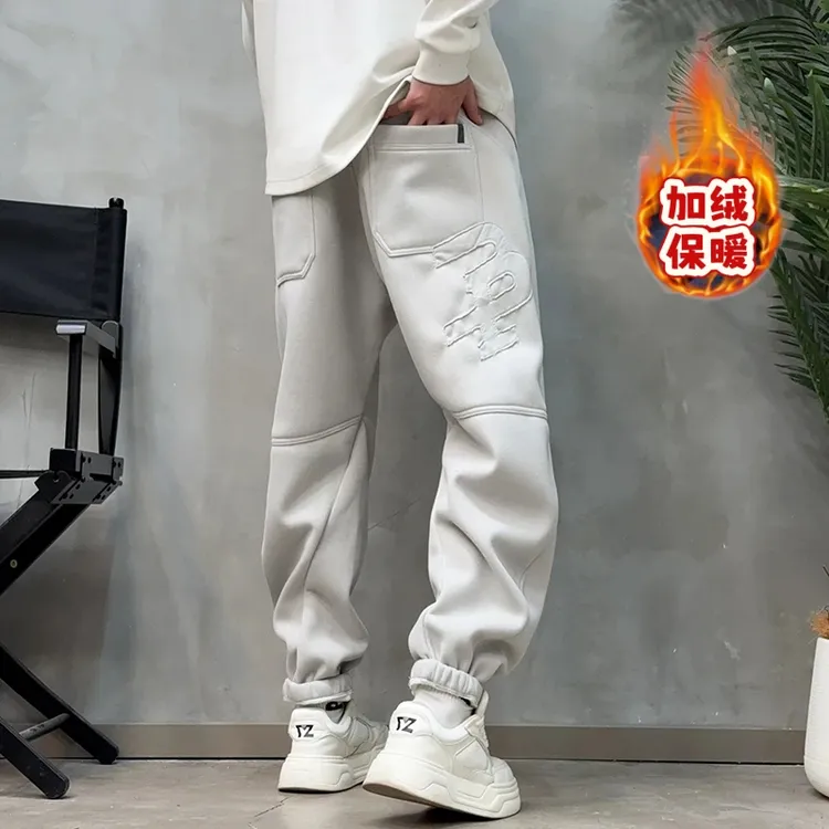 互友男装秋冬加绒加厚美式潮牌束脚卫裤男宽松型刺绣韩版休闲裤男