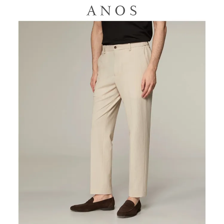 ANOS夏季休闲泡泡纱西裤男松紧弹力腰时尚百搭直筒商务微弹裤子