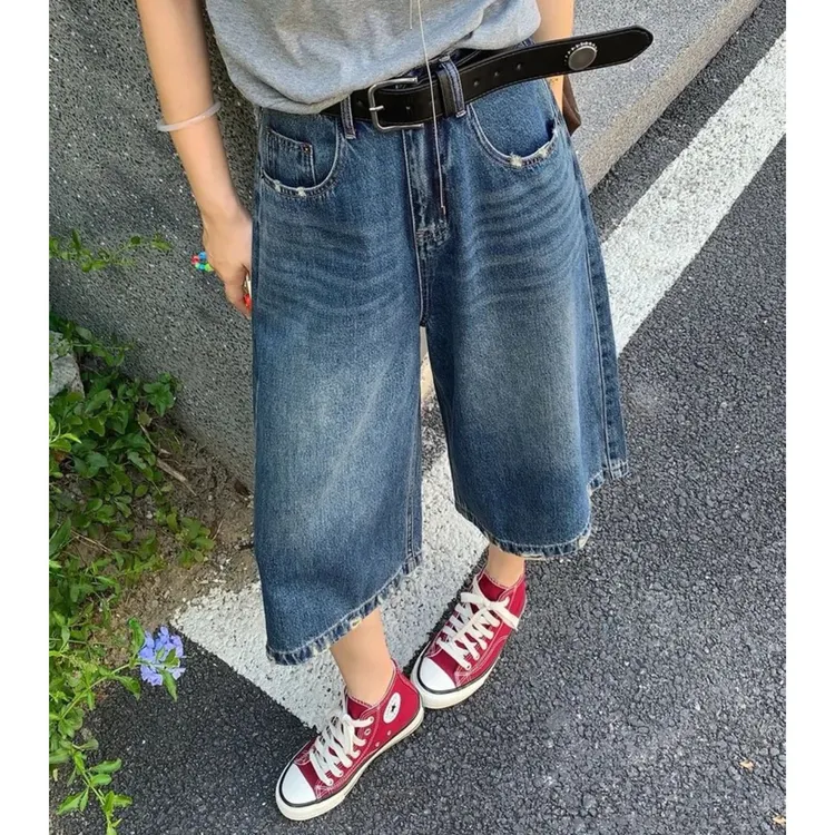 Q【送腰带】复古高腰夏季薄款七分牛仔裤女显瘦宽松直筒阔腿裤7592 