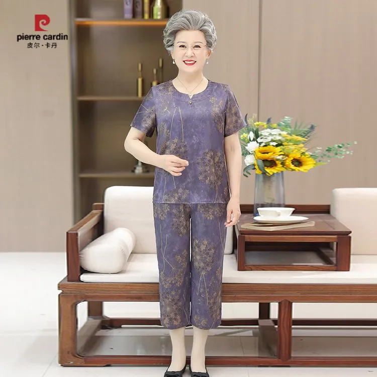 皮尔卡丹奶奶夏装短袖套装60岁70中老年人女妈妈半袖T恤两件套老