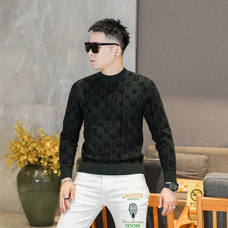 轻奢男装重工提花痞帅休闲圆领羊毛混纺毛衣男针织衫89322