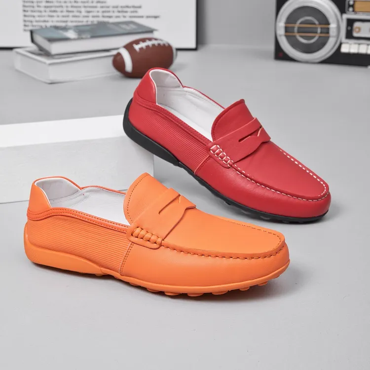 新款男鞋低帮休闲皮面豆豆鞋懒人一脚蹬纯色光面简约乐福鞋潮鞋男