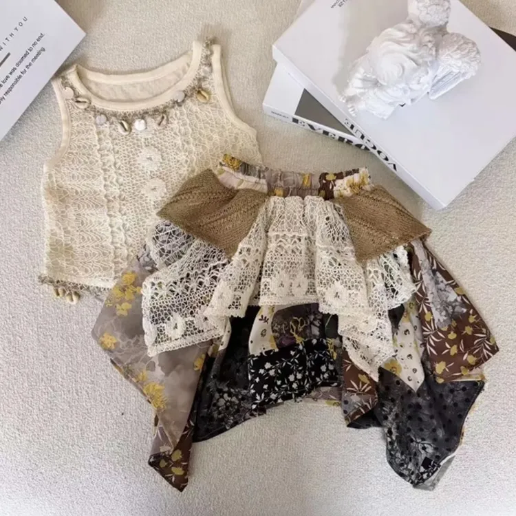 6Y204女童无袖套装夏款波西米亚流苏镂空背心不规则碎花短裙