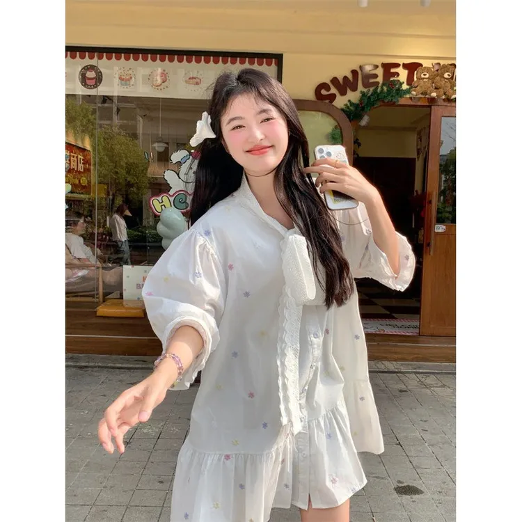 胖MM减龄花边系带蝴蝶结气质连衣裙女夏季新款大码遮肉显瘦短裙子