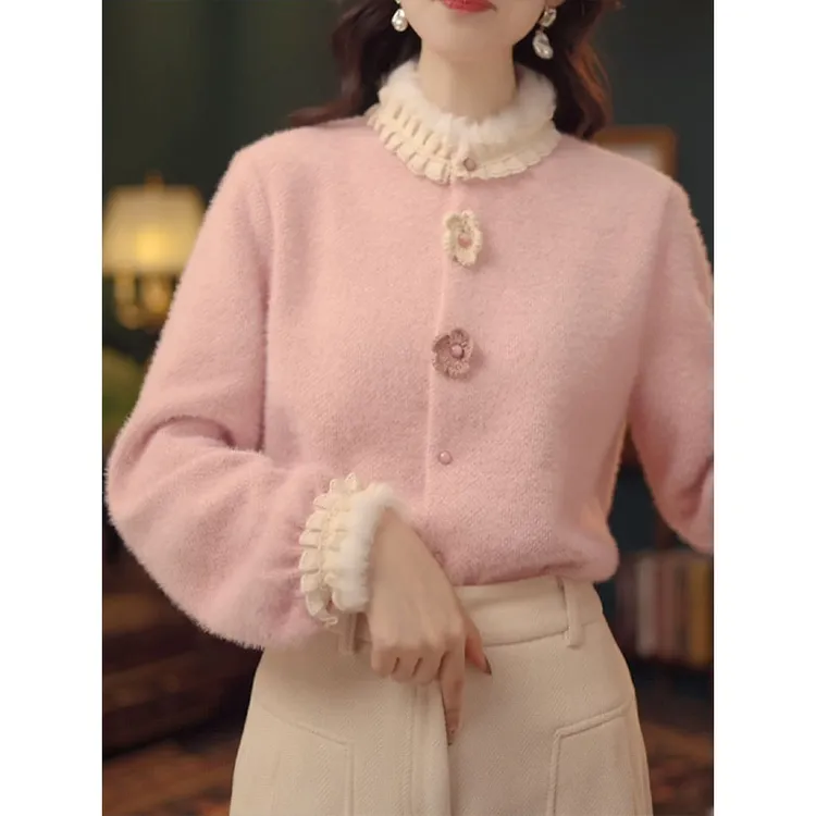 甜美温柔风花朵衬衫女士2025冬季新款毛茸茸加厚保暖立领花边上衣