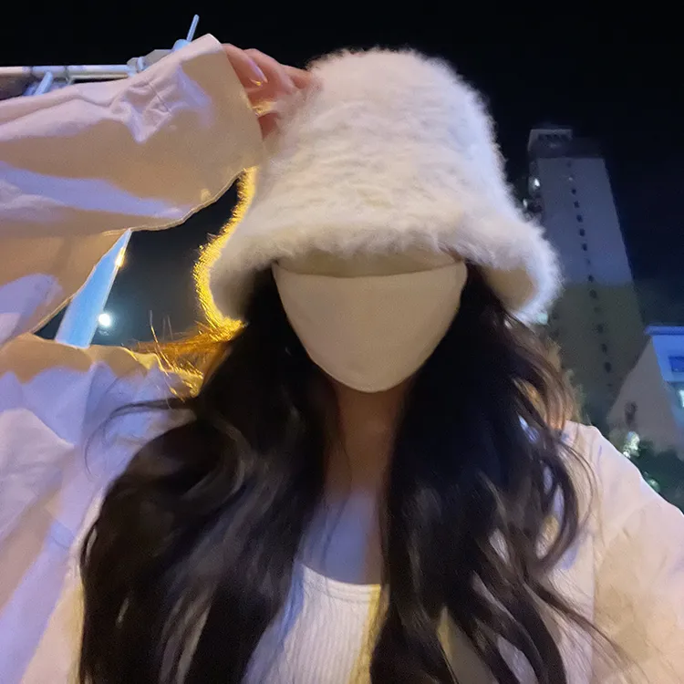 毛绒兔毛渔夫帽子女秋冬韩系氛围感水桶帽大头围百搭保暖盆帽