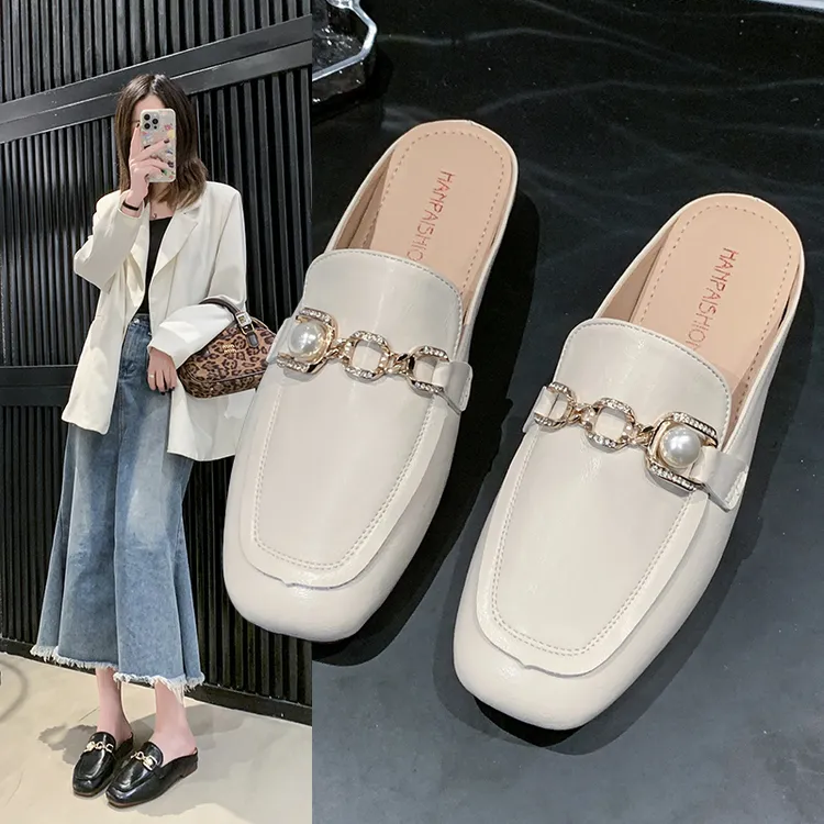 半拖鞋女外穿金属扣哑光平底穆勒鞋软底包头拖鞋懒人鞋珍珠派JA11