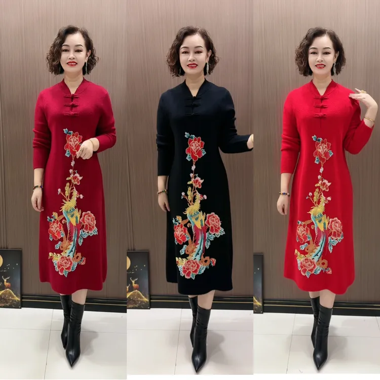 时尚秋冬大码长款针织旗袍凤凰洋气舒适连衣裙裙子
