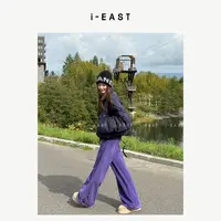 i-EAST 慵懒悠闲派~秋冬竖条纹极简松紧腰休闲裤-5Q  K25343