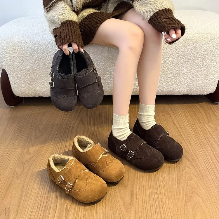 内增高复古反绒加绒勃肯鞋女2025冬季新款搭扣真皮保暖乐福棉鞋女