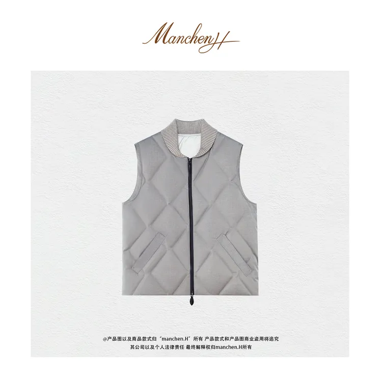 Manchenh"家属~量子马甲"定织人字纹绗缝羊毛混纺老钱风鹅绒马甲