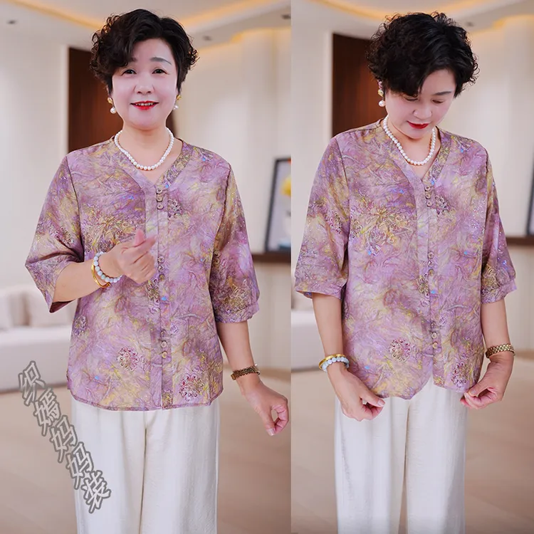 妈妈夏装2025新款洋气上衣服时尚套装中老年女装宽松大码T恤小衫