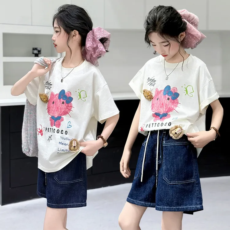 女童夏季洋气短袖韩版套装2025新款儿童时尚休闲中大童牛仔夏款潮