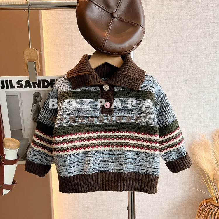 啵小爸【灰绒渐变】2025冬季新款男童条纹针织男孩洋气加厚毛衣爆款