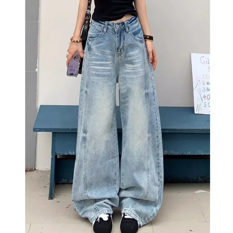 高个子加长版美式复古浅蓝色弯刀牛仔裤女高腰宽松阔腿显瘦拖地裤