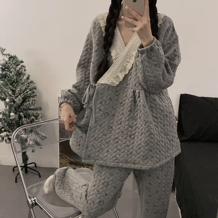 秋冬款孕妇睡衣产后月子服空气棉大码和服加厚保暖哺乳家居服套装