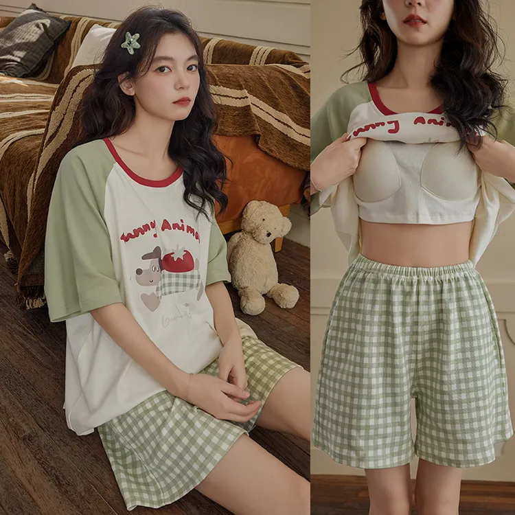 带胸垫睡衣女纯棉夏季短袖短裤宽松卡通甜美韩版学生ins风家居服