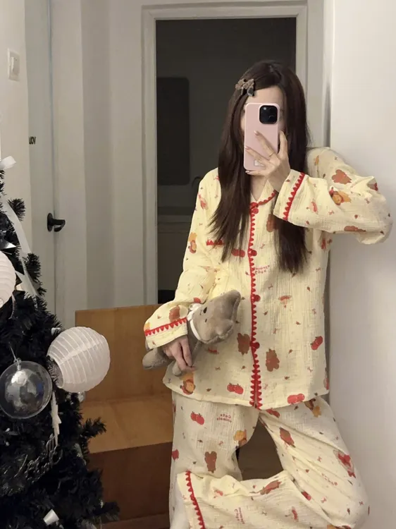 韩系可爱纯棉纱布流光风长袖长裤春秋季睡衣女外穿家居服套装新款