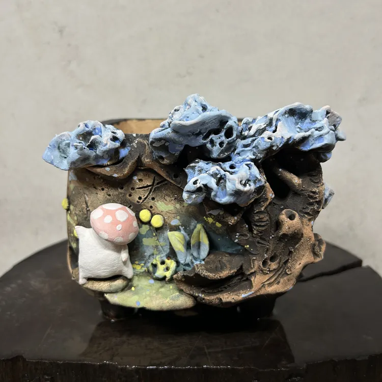 【四季于你·手作粗陶多肉盆】立体浮雕大树蘑菇精灵 方口花盆多肉