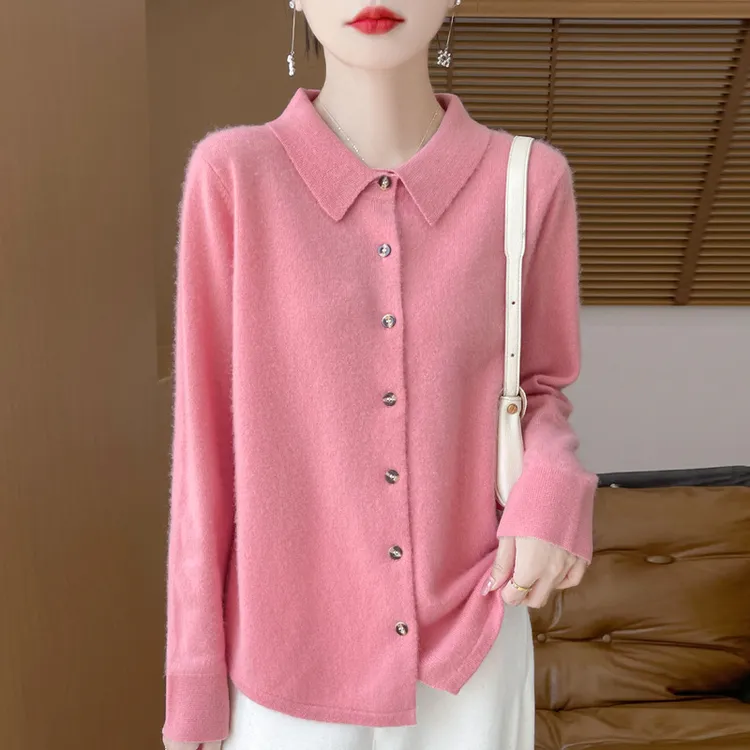 秋冬新款POLO领纯羊毛女宽松长袖针织开衫单排扣休闲毛衣外套上衣