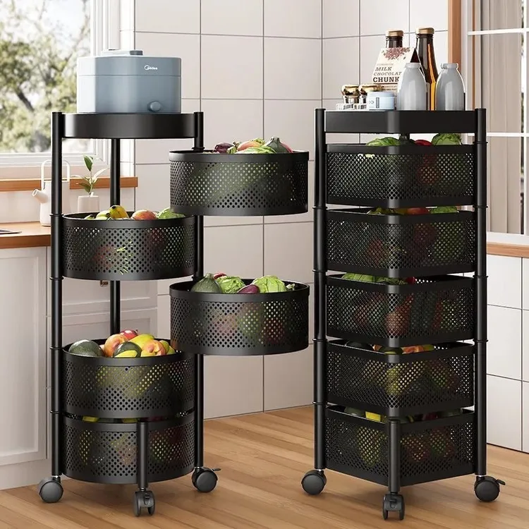 厨房收纳旋转置物架多功能居家免安装落地金属柜多层水果蔬菜篮子
