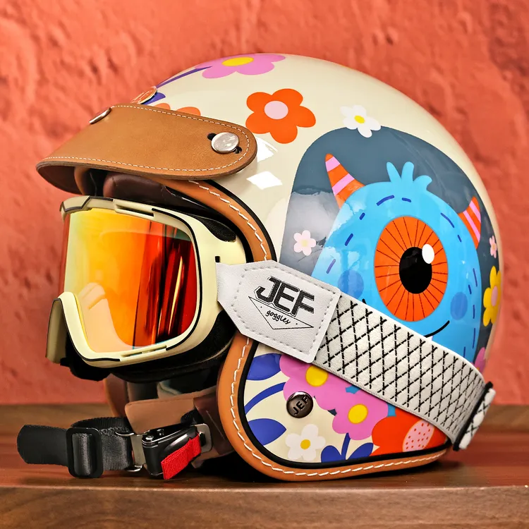 复古3/4盔萌眼精灵摩托车安全帽男女四季通用3C认证