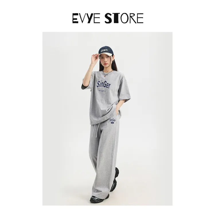 Evye Store~美式复古潮牌印花短袖休闲运动套装女宽松长裤两件套