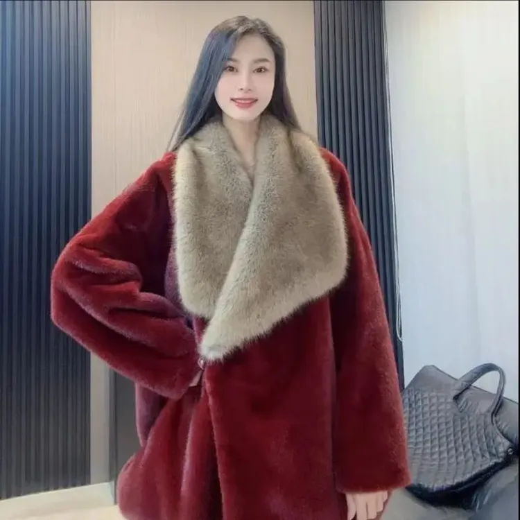 人造皮草 2025冬设计欧貂绒外套女中长款金貂毛领仿水貂皮草大衣
