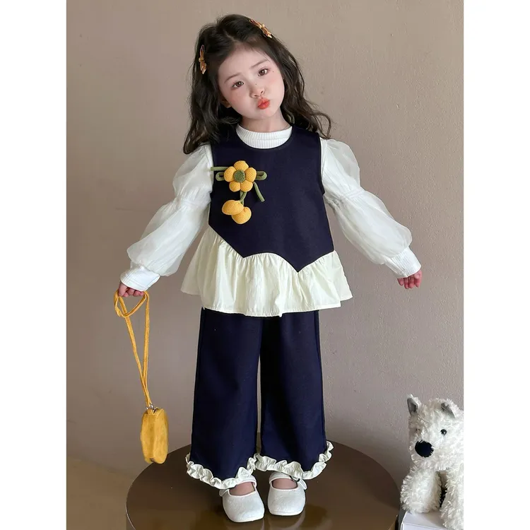 女童套装秋装2025新款儿童洋气时髦牛仔马甲三件套女宝宝春秋衣服