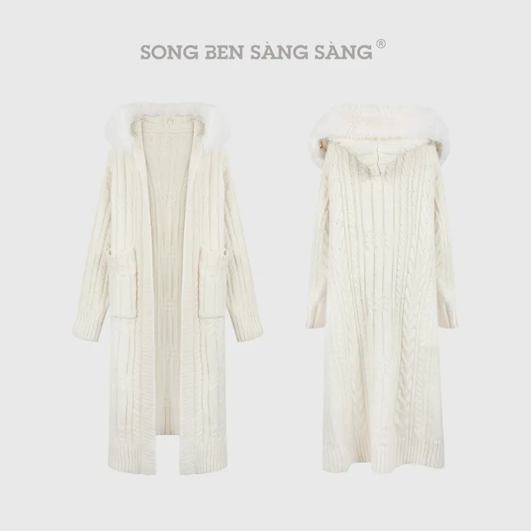 松本丧丧纯色针织大毛领长款羊毛厚外套连帽宽松休闲B253Z0049